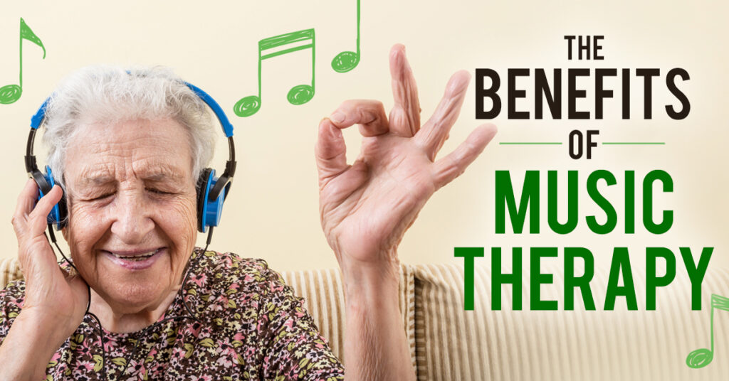 Elderly woman smiling and enjoying music therapy with headphones on, with musical notes and 'The Benefits of Music Therapy' text in the background.