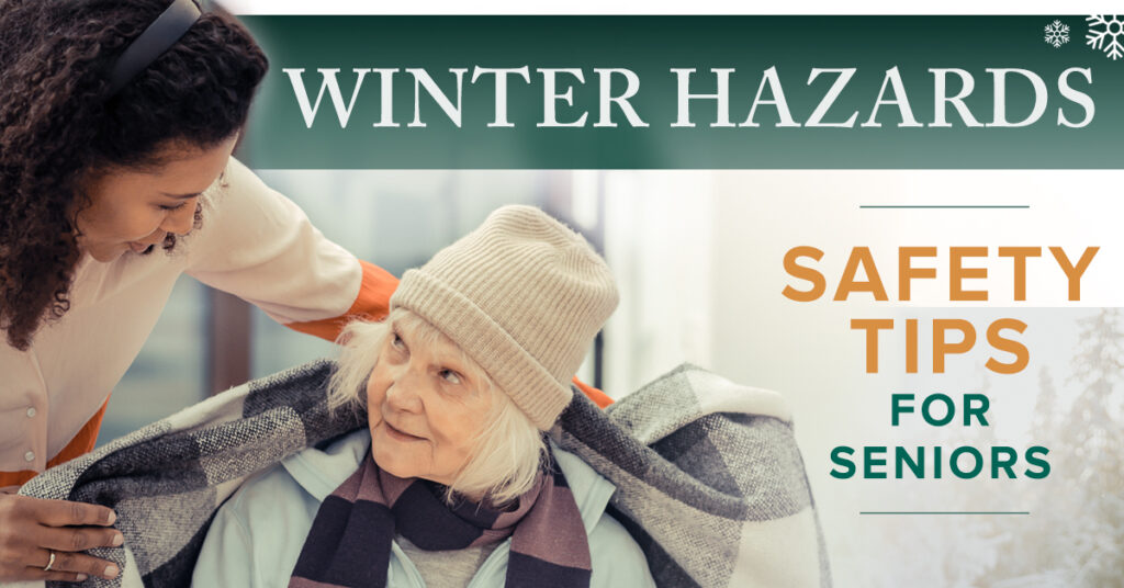 Senior woman wearing warm clothing, hat and scarf with anothr woman placing a blanket around older woman's shoulders. staying safe from hypothermia and frostbite