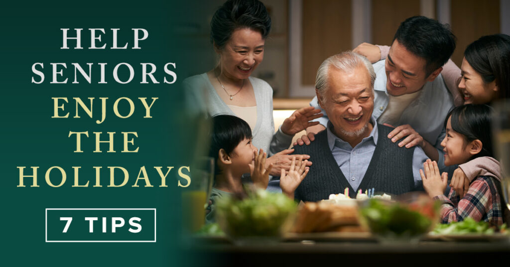 Helping Seniors Enjoy the Holidays. A family gathering around the table enjoying a holiday meal together. An older man with young children and middle age adults.