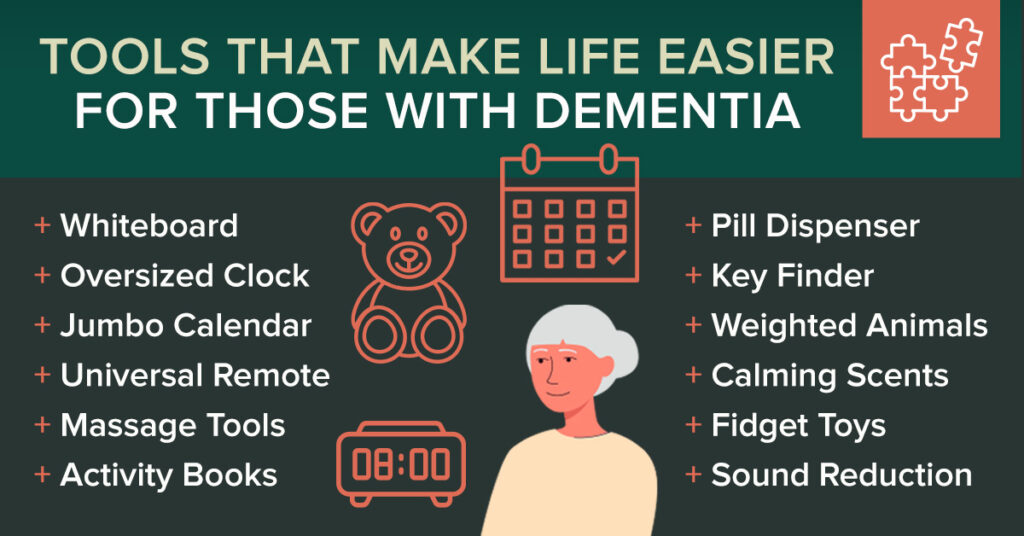 illustration with suggestions of supportive products for dementia