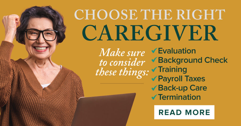 woman on laptop holding fist up in air as triumph in finding home care for her aging mother.