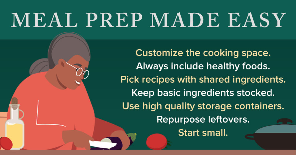 Illustration of a person preparing food with tips for easy meal prep.
