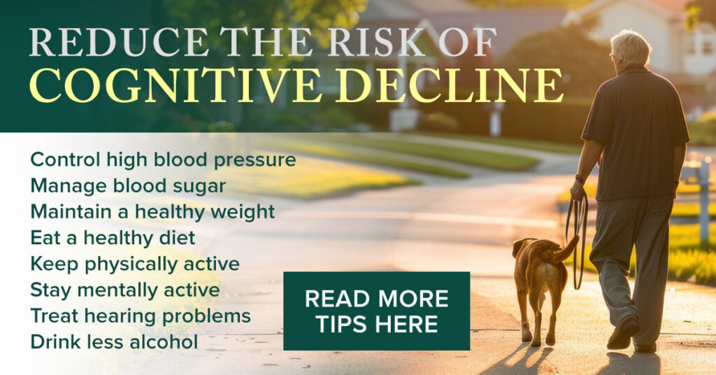 Elderly man walking a dog in the morning to reduce the risk of cognitive decline by staying physically active.