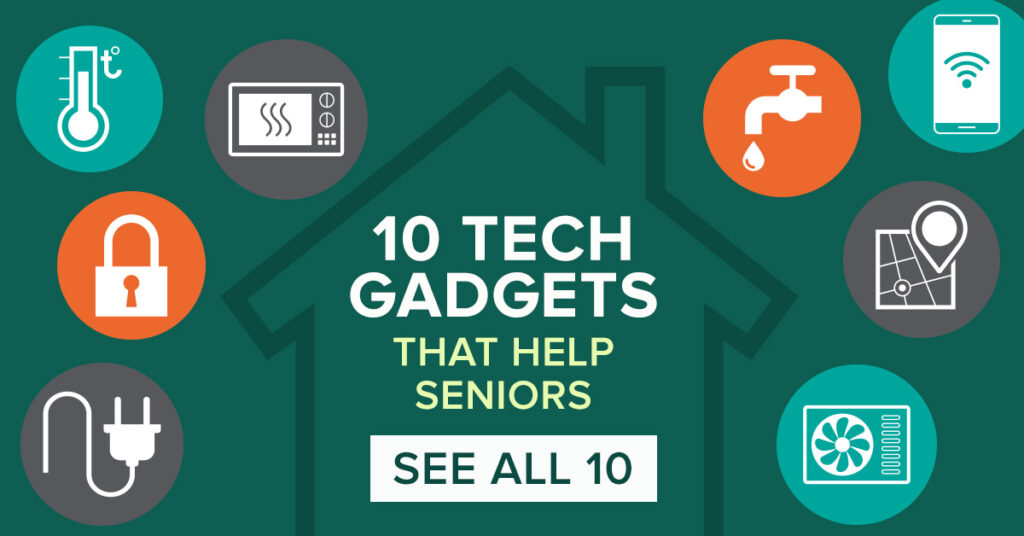 Infographic highlighting ten tech gadgets that help seniors age in place, featuring icons of various smart devices.