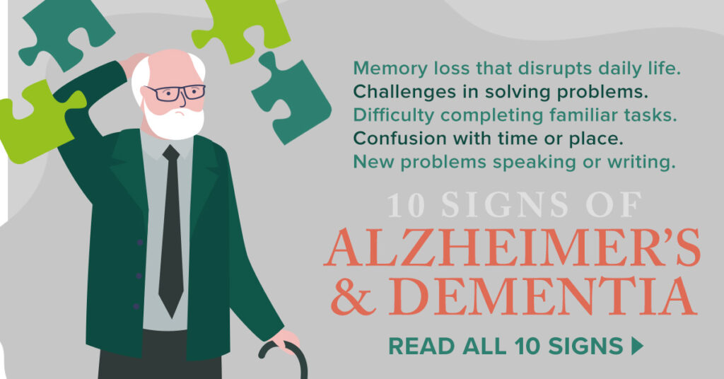 Illustration of an elderly man holding a puzzle piece, highlighting 5 early signs of Alzheimer's and dementia including memory loss, problem-solving challenges, difficulty with familiar tasks, confusion with time or place, and new problems in speaking or writing