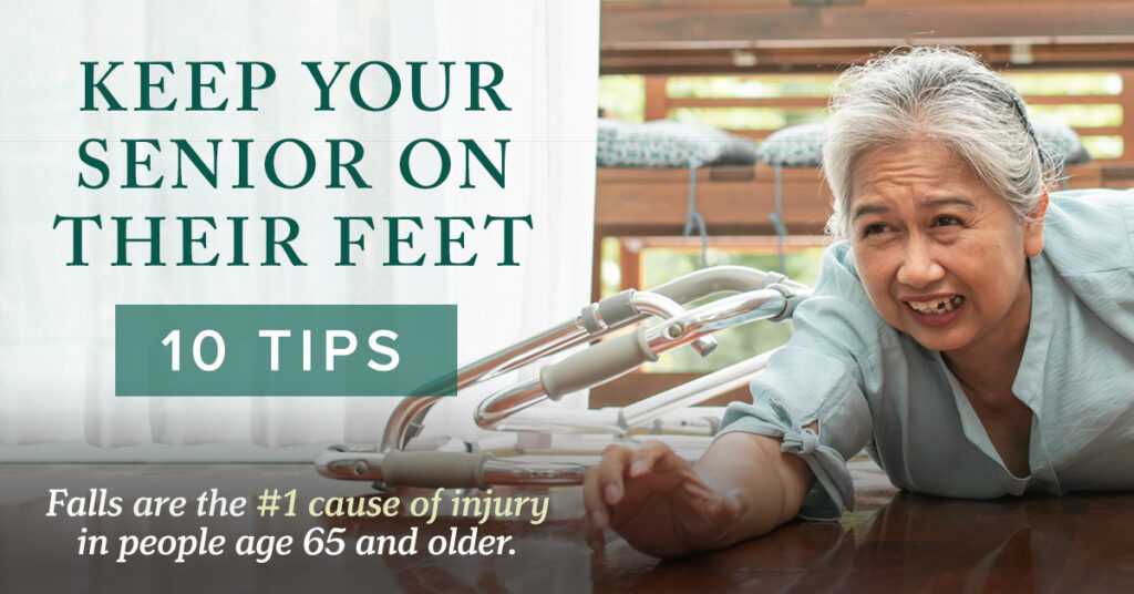 Elderly woman fallen on the floor reaching for help beside a walker, highlighting the importance of fall prevention for seniors.