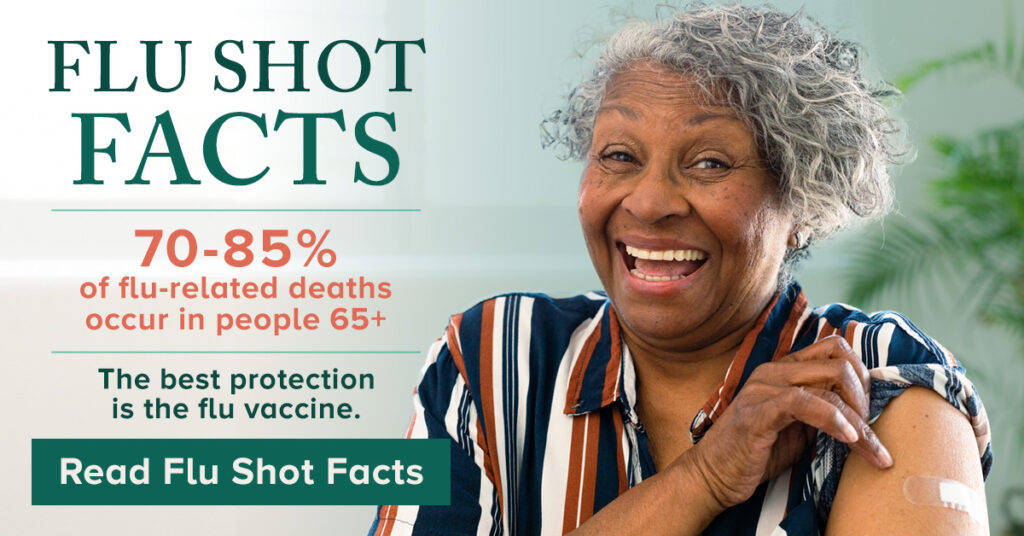 Senior woman smiling after receiving a flu shot, highlighting that 70-85% of flu-related deaths occur in people 65 and older, with the flu vaccine being the best protection.
