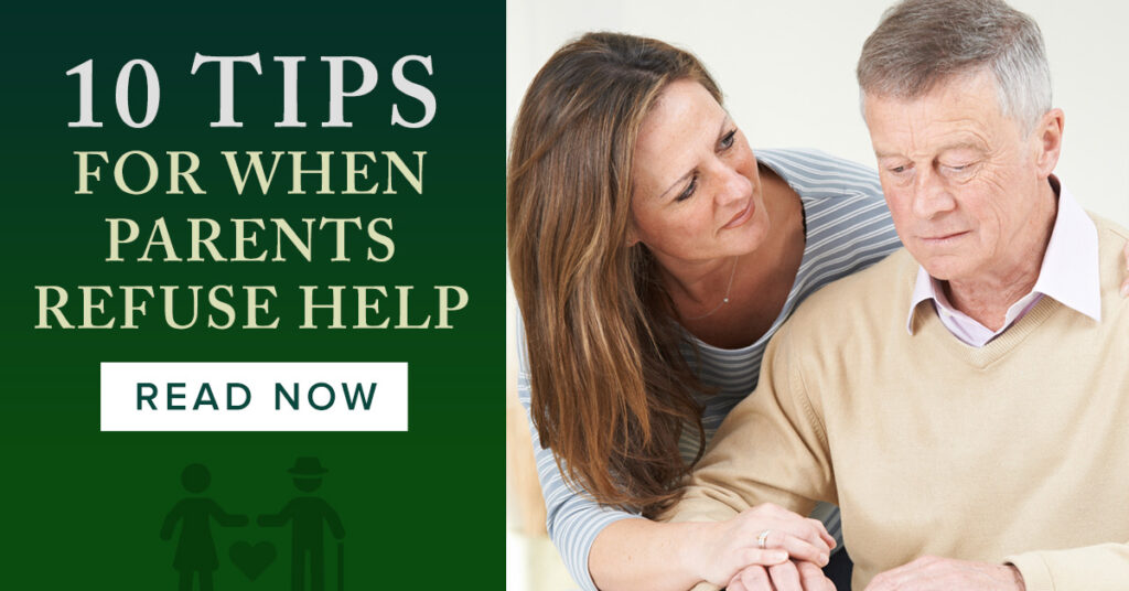 A concerned woman offering comfort and support to her elderly father, symbolizing the challenges of helping aging parents who resist assistance.