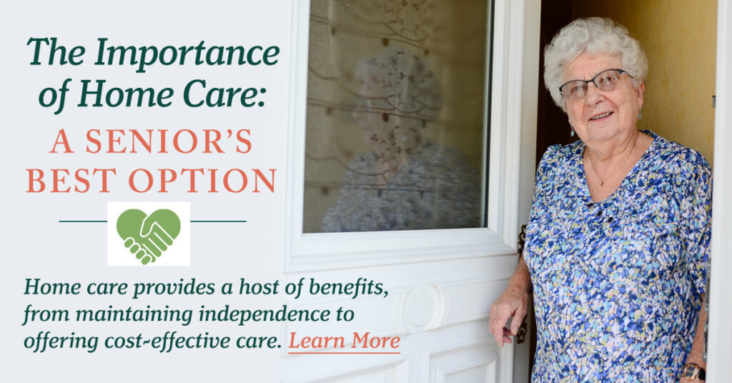 Elderly woman standing at her door, symbolizing the benefits of home care for seniors, including independence and cost-effective care.