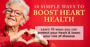 Elderly woman making a heart shape with her hands, promoting 10 simple ways to boost heart health and reduce disease risk.
