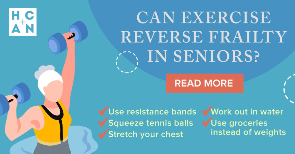 Senior woman lifting dumbbells with tips on reversing frailty in seniors through exercise, including resistance bands, water workouts, and stretching.