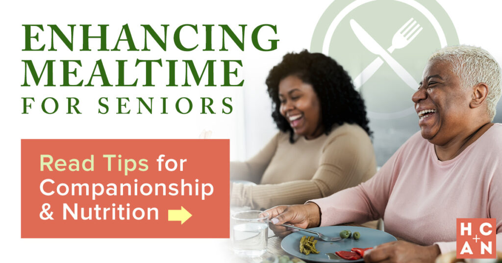 Enhancing mealtime for seniors with companionship and nutrition tips. Two women laughing and enjoying a meal together.