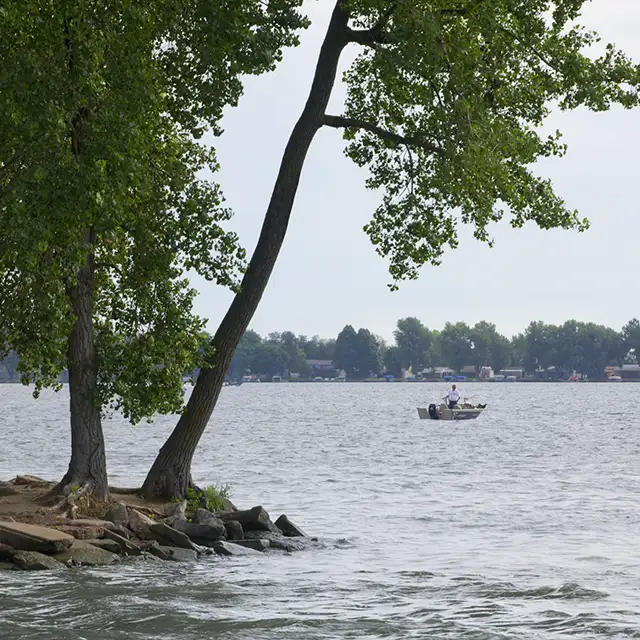 view of Johnson lake in Johnson County, Nebraska with a couple large trees to the left in the foreground and a man on a fishing boat in the distance on the lake