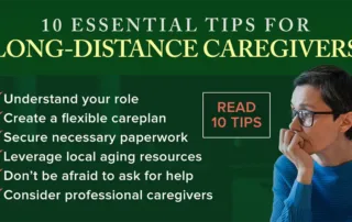 Promotional graphic for a blog post titled '10 Essential Tips for Long-Distance Caregivers,' featuring a contemplative woman, a checklist of caregiving tips, and a call-to-action to read more