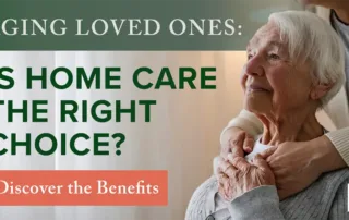 An elderly woman with white hair and a serene expression is gently supported by a caregiver's hands on her shoulders, with the text 'Is Home Care the Right Choice?' and a call-to-action button reading 'Discover the Benefits'.