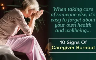 Stressed woman sitting on bed showing signs of caregiver burnout with text about health and wellbeing.