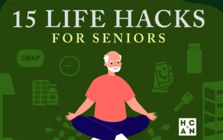 Illustration of a senior meditating surrounded by icons for daily living hacks—soap, clock, pill organizer, phone with medical cross, key, shelving, and lamp—representing simple aging-in-place tips for seniors from HCAN
