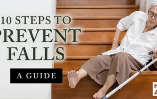 Senior woman on staircase with cane, highlighting the need for fall prevention and home safety modifications