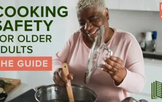 Older adult smiling while stirring a pot on a stovetop, holding the lid slightly open to let steam escape in a bright, modern kitchen; visual for Cooking Safety for Older Adults guide by HCAN