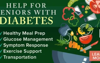 Dark green promo graphic highlighting five services for seniors with diabetes—meal prep, glucose monitoring, symptom response, exercise support, and transportation—with colorful veggies falling into a mixing bowl and a “Learn More” button.