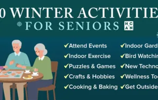 "Illustration of three seniors enjoying a puzzle at a table, surrounded by a checklist of 10 winter activities for seniors, including attending events, indoor gardening, bird watching, and more, on a teal background with snowflake accents.