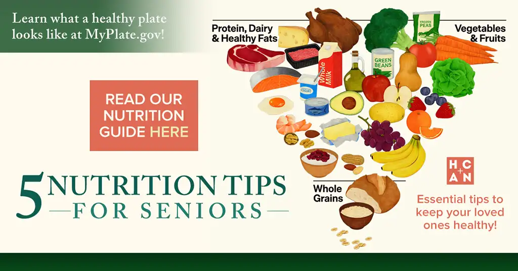 Infographic showing healthy food groups including lean proteins, vegetables, fruits, and whole grains with nutrition tips for seniors.