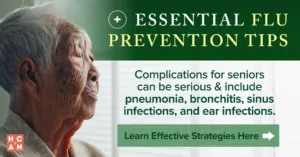 Older adult looking out a window alongside text about essential flu prevention tips and the serious flu complications seniors may face, including pneumonia and bronchitis.
