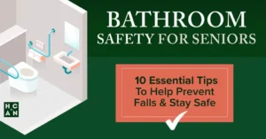 Illustration of a senior-friendly bathroom with grab bars, accessible sink, and safety features, promoting 10 essential tips to prevent falls and stay safe