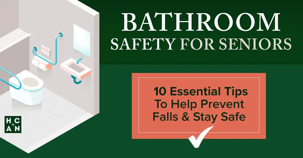 Illustration of a senior-friendly bathroom with grab bars, accessible sink, and safety features, promoting 10 essential tips to prevent falls and stay safe
