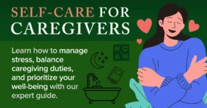 Illustration of a caregiver practicing self-care with hearts and icons for rest, relaxation, and learning.