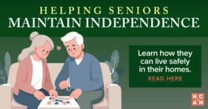 Illustration of a senior couple solving a puzzle, promoting safe and independent living at home