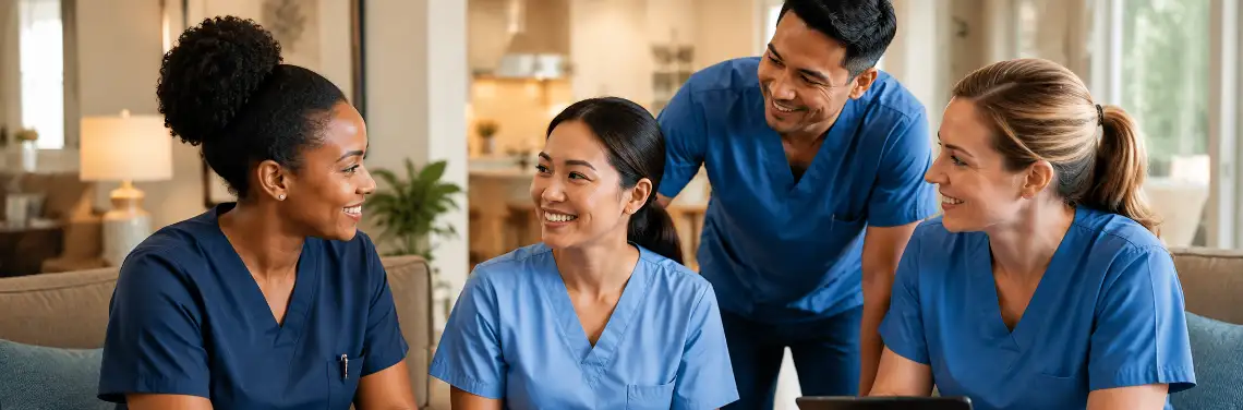 Team of Homecare Advocacy Network of Lincoln caregivers in blue scrubs smiling and collaborating together in a comfortable home care environment