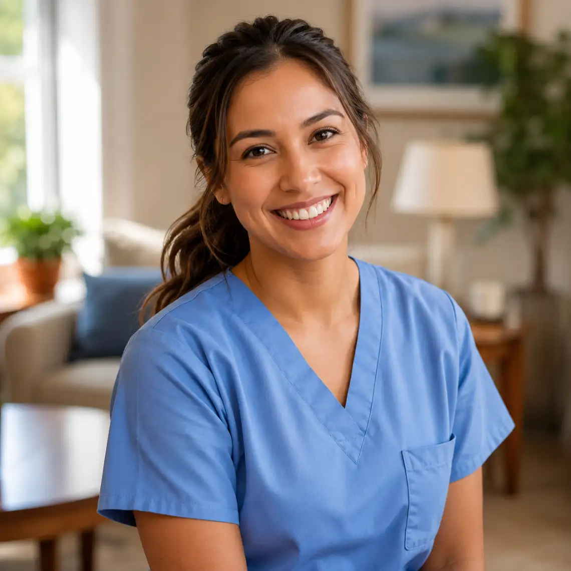 Smiling professional caregiver in blue scrubs providing compassionate senior care support