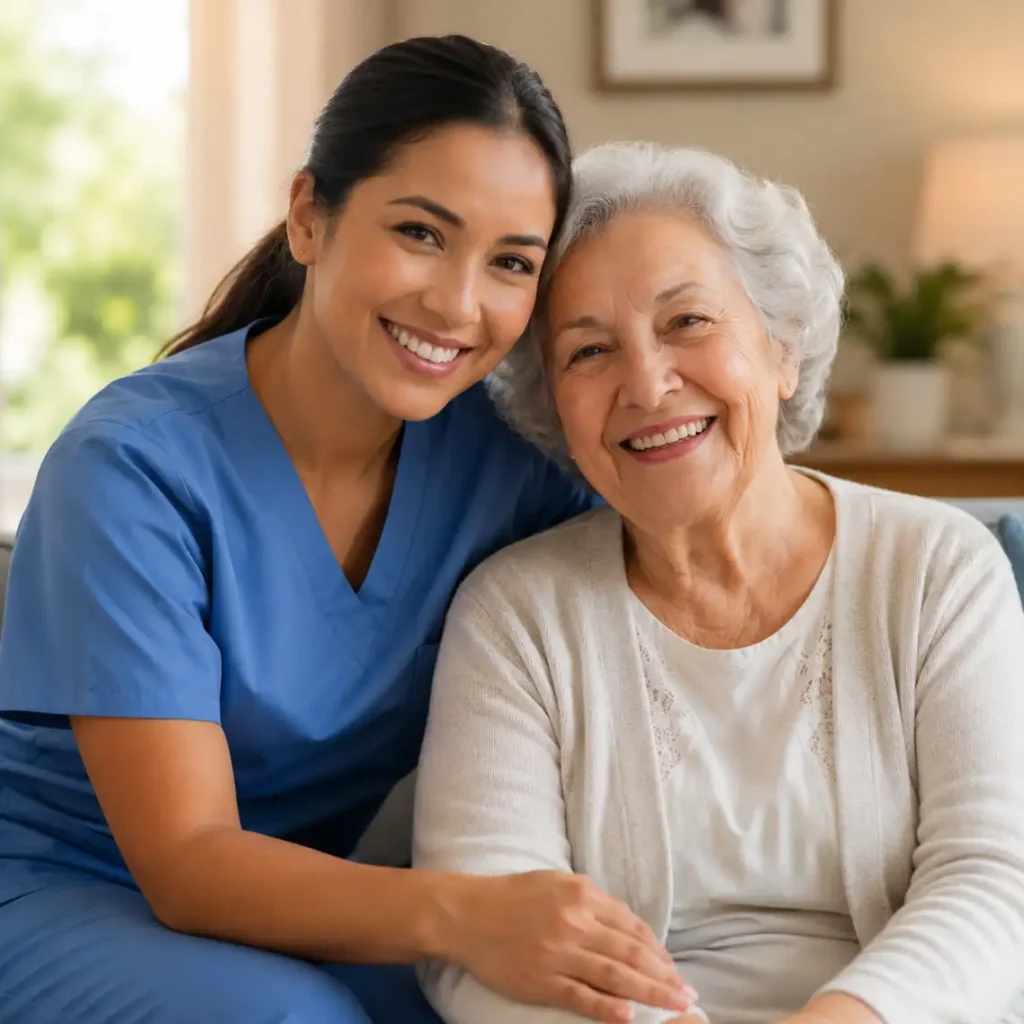 Compassionate HCAN Lincoln caregiver in scrubs smiling with a senior woman in a comfortable home setting