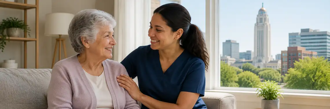 Caregiver sitting with a senior woman in a bright living room in Lincoln with the Nebraska State Capitol visible through the window.