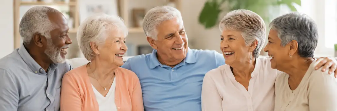 Group of smiling seniors socializing together in a comfortable community setting supported by HomeCare Advocacy Network of Lincoln