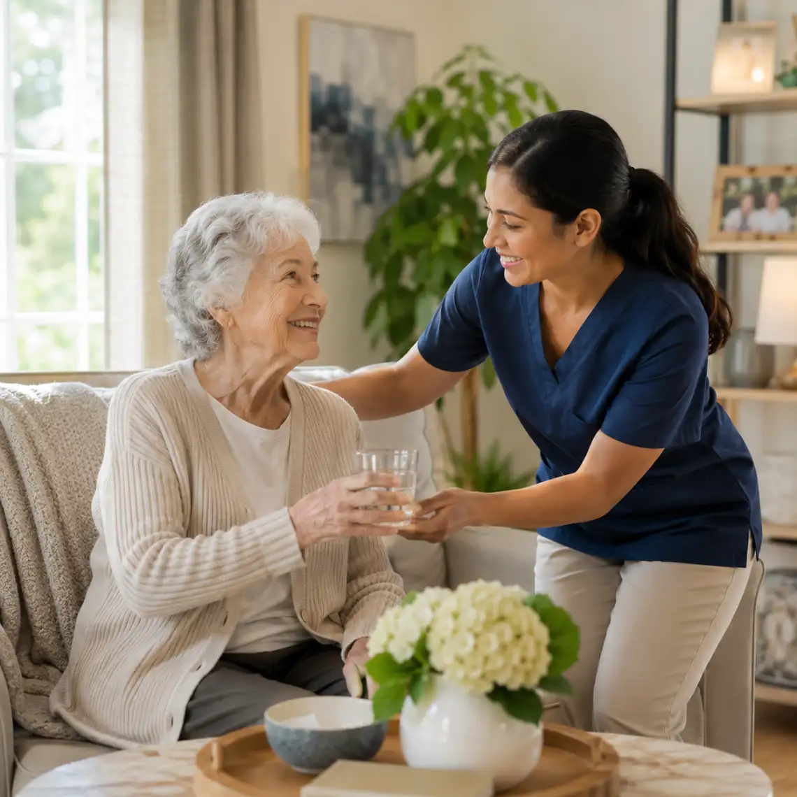 Caregiver handing a glass of water to a smiling senior woman in a comfortable home living room setting.