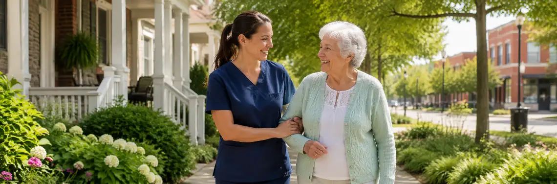 Caregiver assisting a senior woman on a walk through a peaceful neighborhood in Lincoln on a sunny day. Providing Lincoln home care.