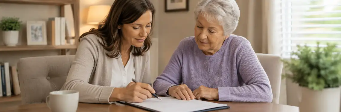 HCAN Lincoln care coordinator helping a senior complete home care paperwork and review payment options