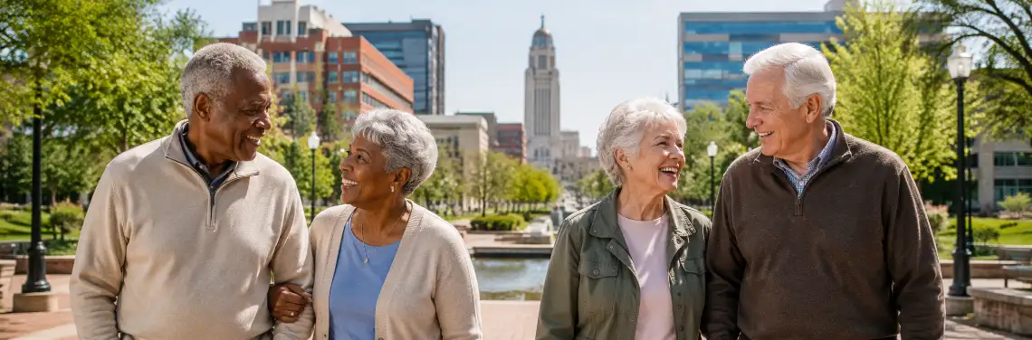 Four senior adults walking together in a sunny downtown Lincoln park with the Nebraska State Capitol visible in the background.