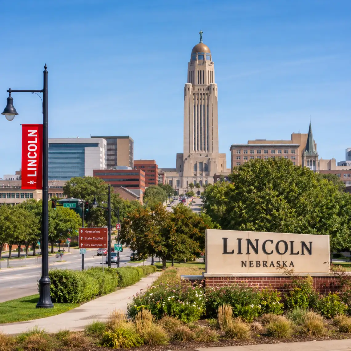 Skyline view of Lincoln featuring the Nebraska State Capitol, downtown buildings, landscaped greenery, and a welcome sign on a bright sunny day.