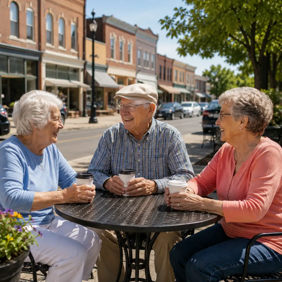 Seniors enjoying conversation together in downtown Waverly, Nebraska