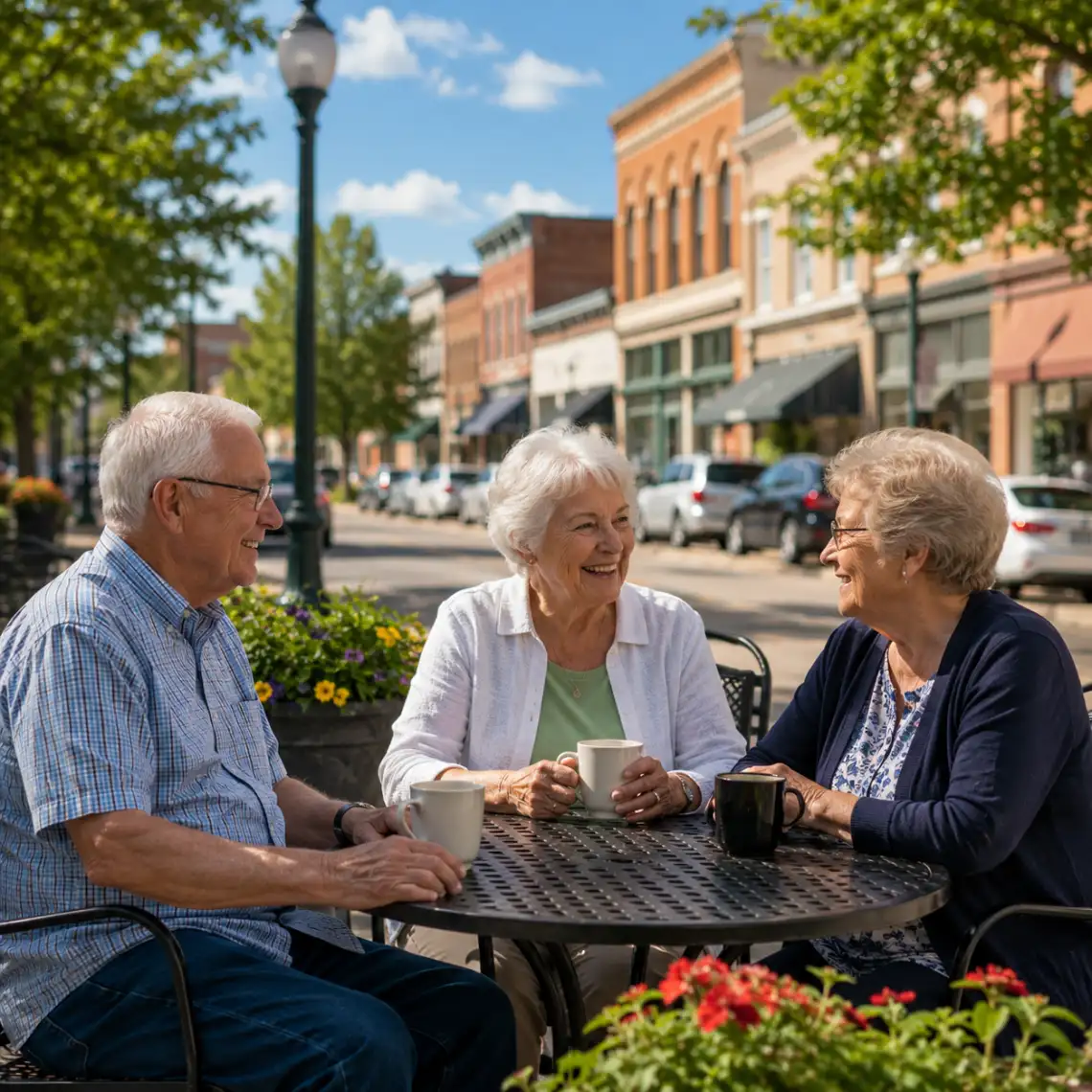 Seniors enjoying conversation together in downtown Seward, Nebraska