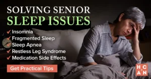 Elderly person sitting up in bed at night, appearing tired and distressed, with text highlighting common senior sleep issues like insomnia and sleep apnea