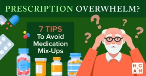 Illustration of a confused elderly man surrounded by various medication bottles and pills, highlighting the challenges of managing prescriptions. Text reads 'Prescription Overwhelm? 7 Tips to Avoid Medication Mix-Ups.'