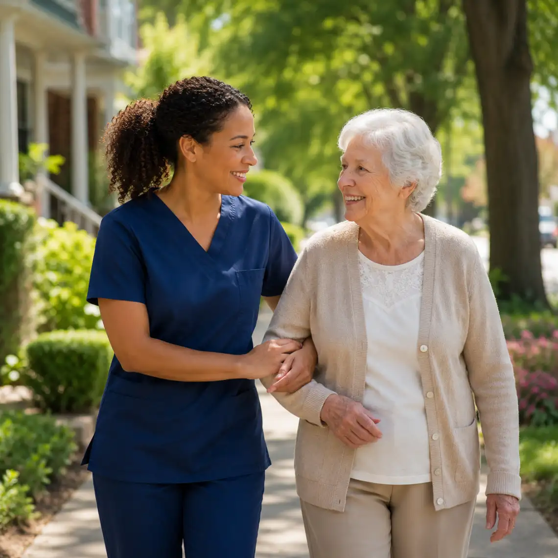 Caregiver walking arm in arm with a smiling senior woman through a sunny residential neighborhood in Lincoln.