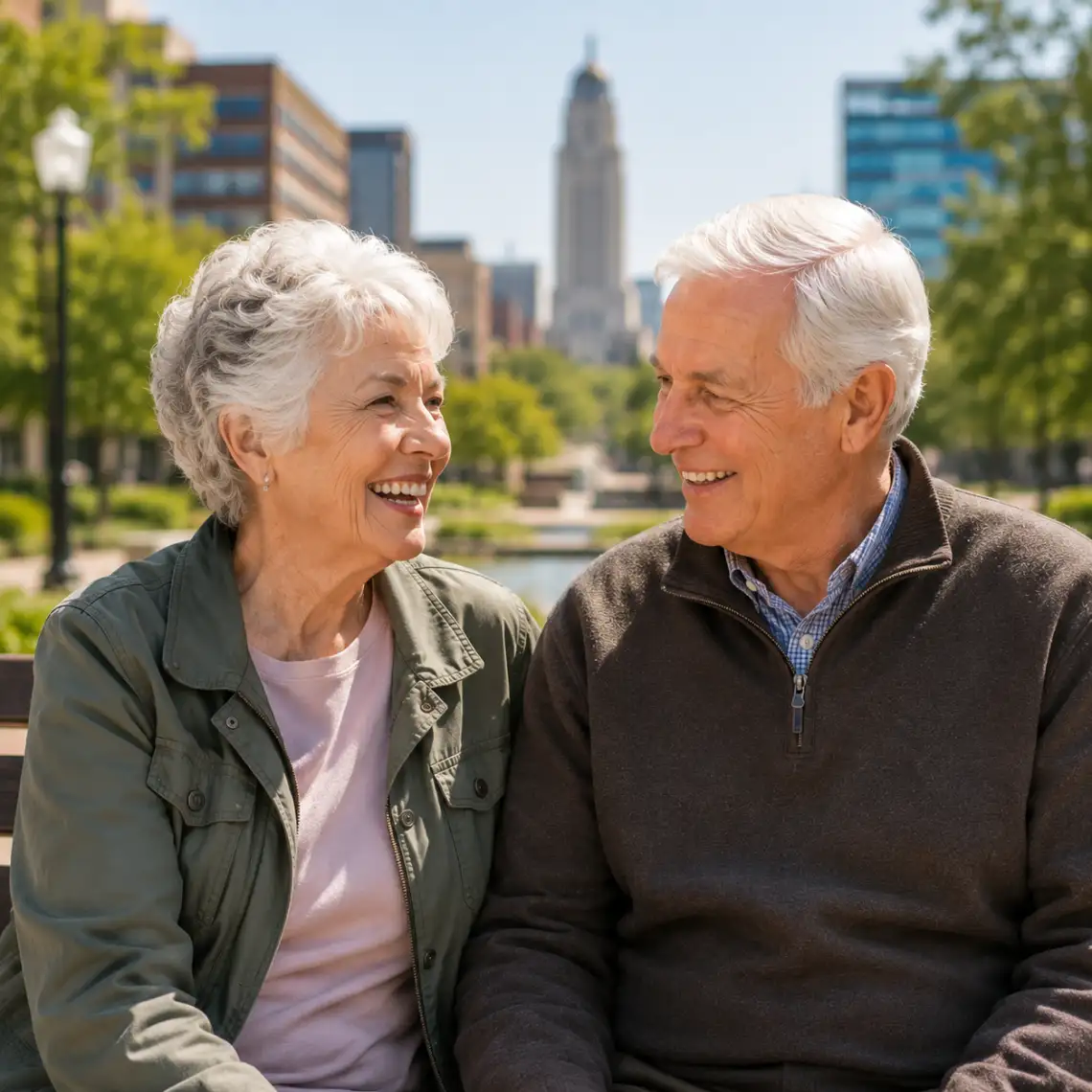 Senior couple sitting together on a park bench in downtown Lincoln with the Nebraska State Capitol blurred in the background.