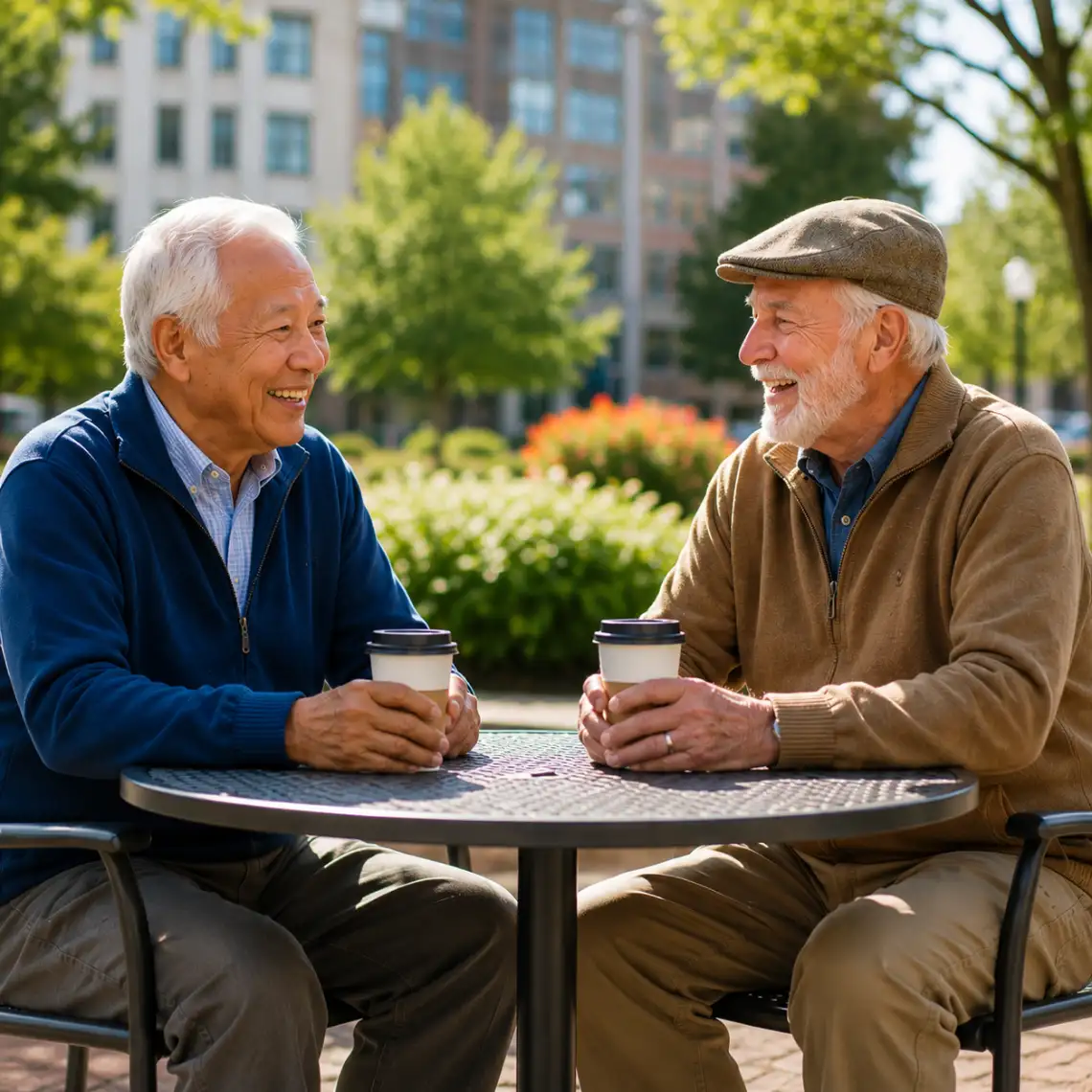 Two senior men sitting outdoors at a café-style table in a sunny park in Lincoln Haymarket District, smiling and enjoying coffee together.