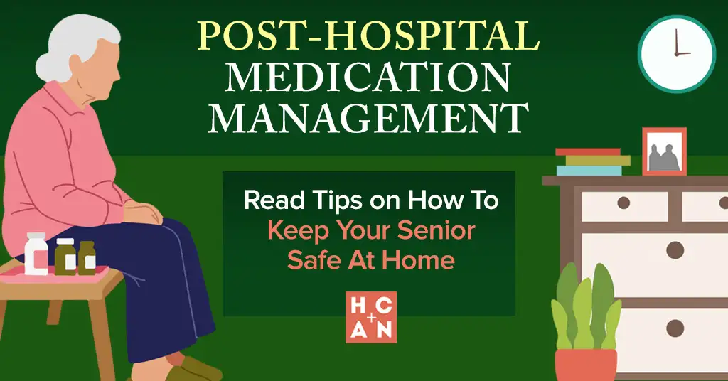 Elderly woman seated near pill bottles in her home, illustrating post-hospital medication management and senior safety tips.