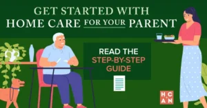 Illustrated home care scene of a caregiver bringing a meal and water to a seated older man, with a dog nearby and headline text "Get Started With Home Care for Your Parent" beside a "Read the Step-by-Step Guide" callout.